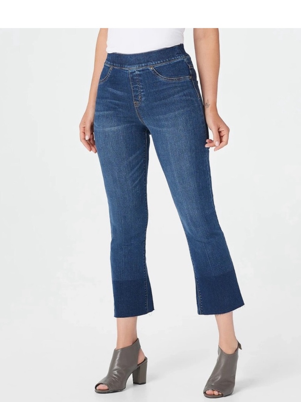 Spanx Jeans Womens Large Cropped Flare Stretch Pull On Raw Hem Two-Tone‎ Denim